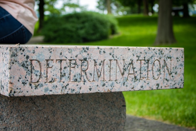 Photo of a stone with the word Determination engraved in it.